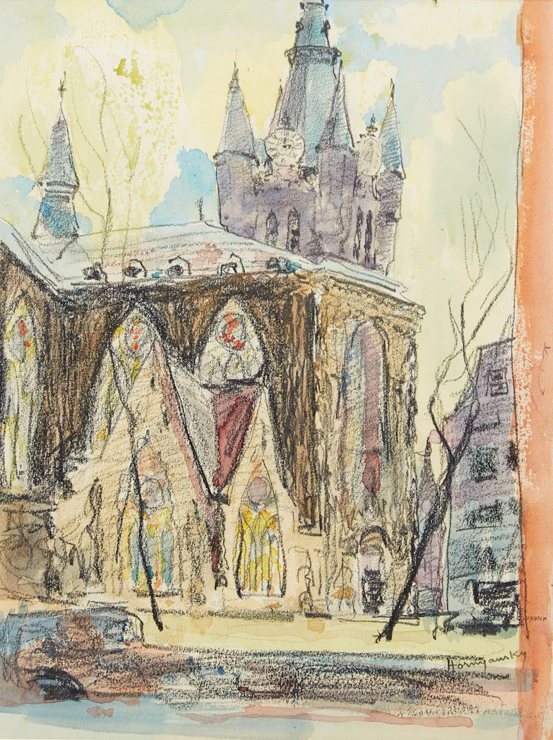 Nicholas Hornyansky, Church in Ghent, watercolour