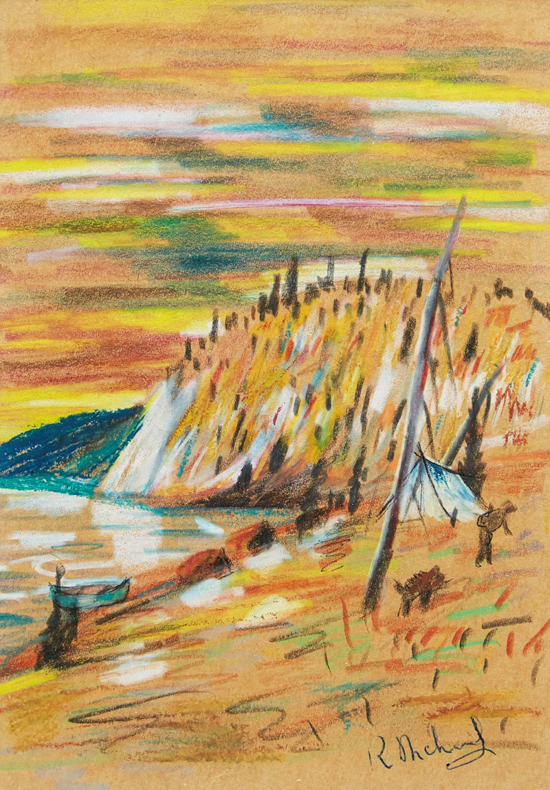 René Richard, Shore Landscape with Campsite, mixed media drawing