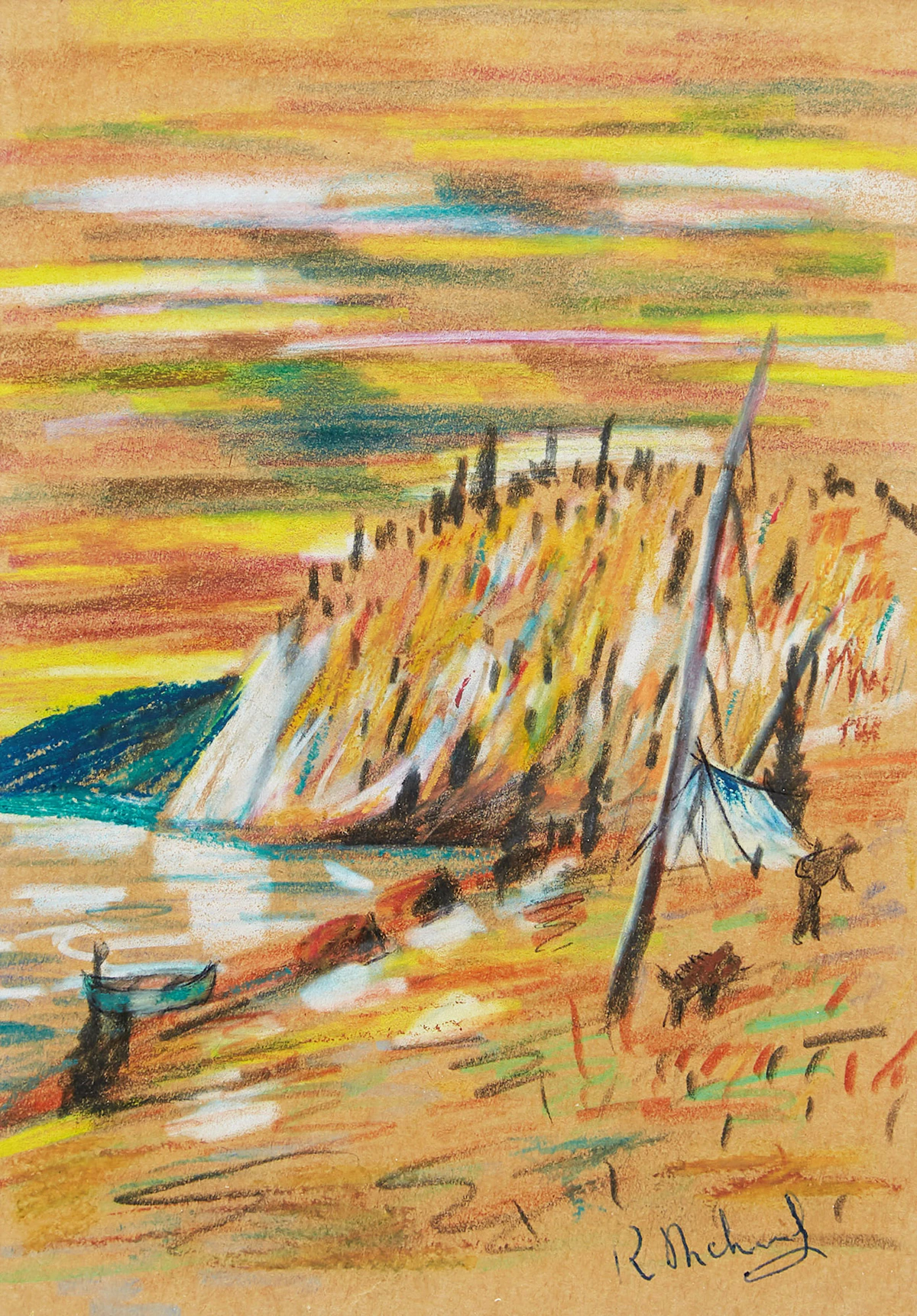 René Richard, Shore Landscape with Campsite, mixed media drawing