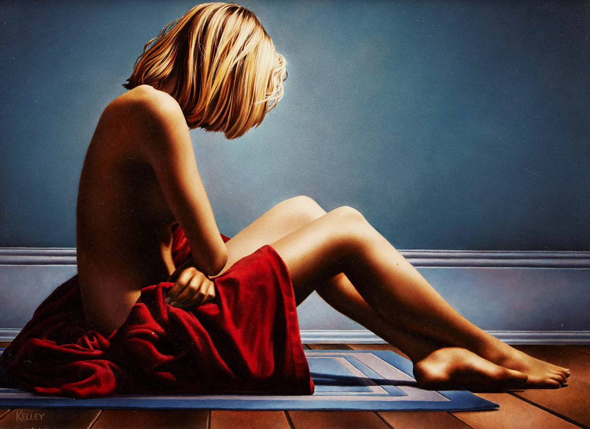 Paul Kelley, Young Girl on Blue Rug, oil on board