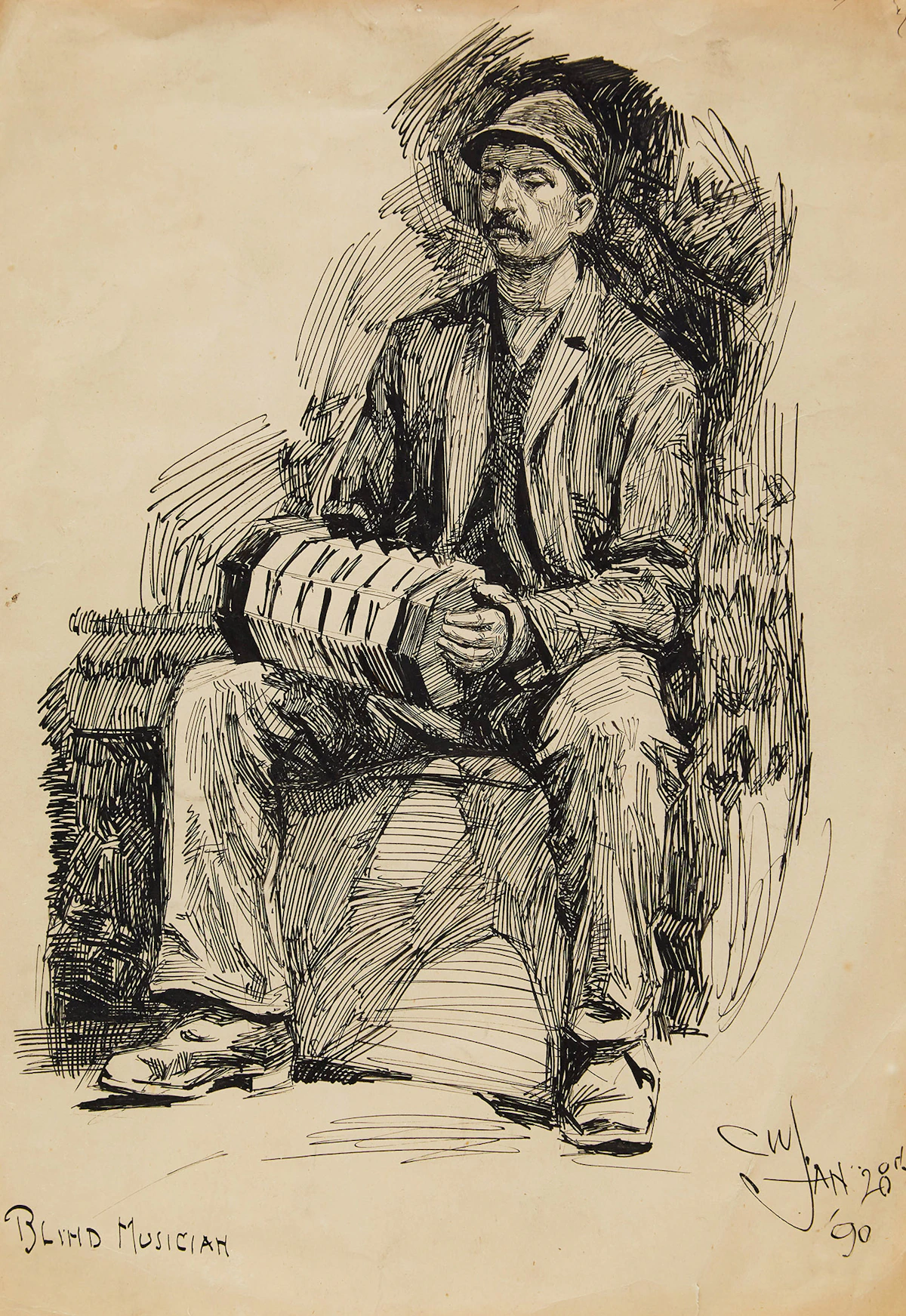 Charles William Jefferys, Blind Musician , pen and ink, 1890