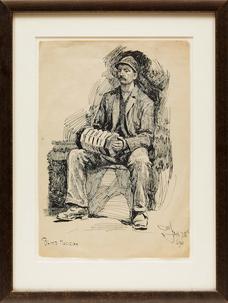 Charles William Jefferys, Blind Musician , pen and ink, 1890 - view 2