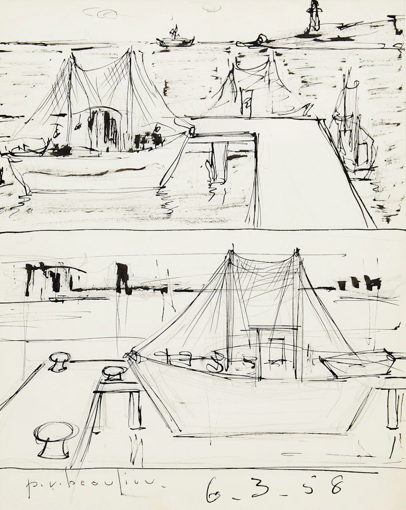 Paul-Vanier Beaulieu, Boat Studies, graphite and ink