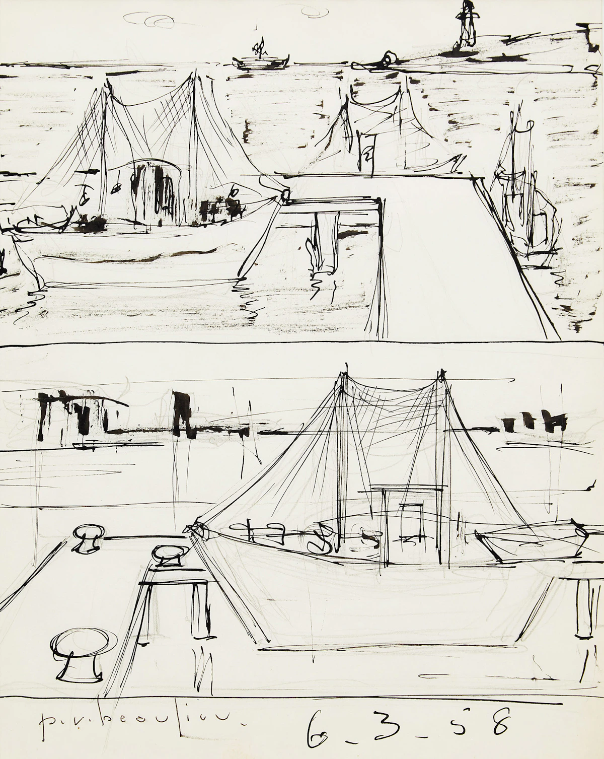Paul-Vanier Beaulieu, Boat Studies, graphite and ink, 1958