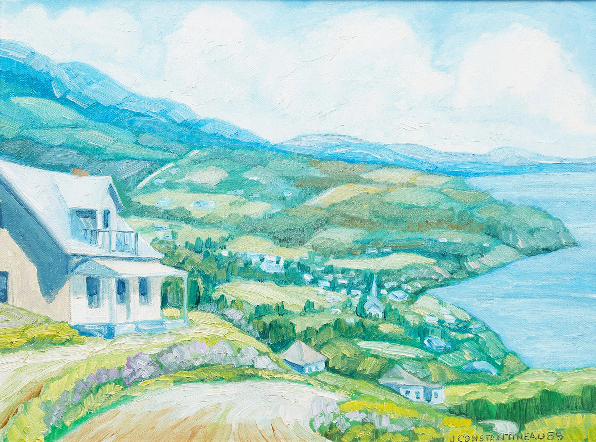 Jean Constantineau, Une vue de St-Irene par le Rang St Antoine , oil on canvas, 1985