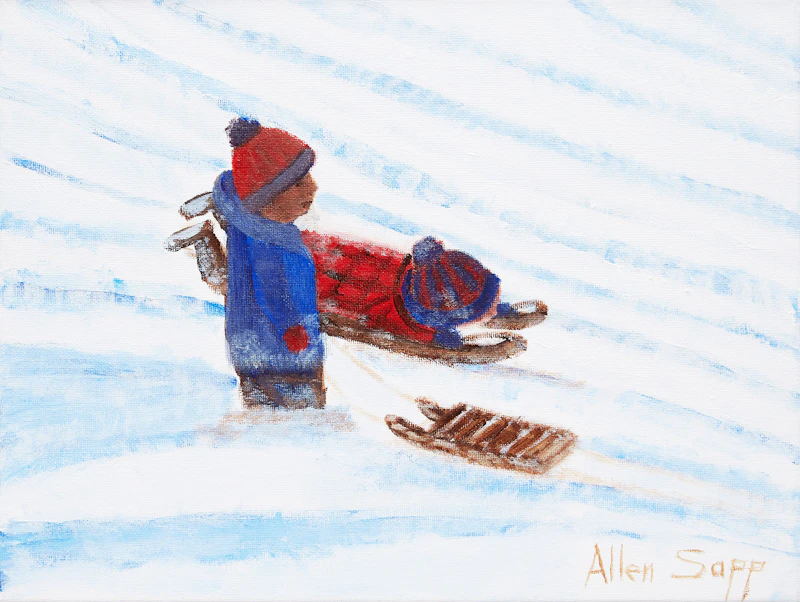 Allen Sapp, Two Boys Sledding, oil on canvas