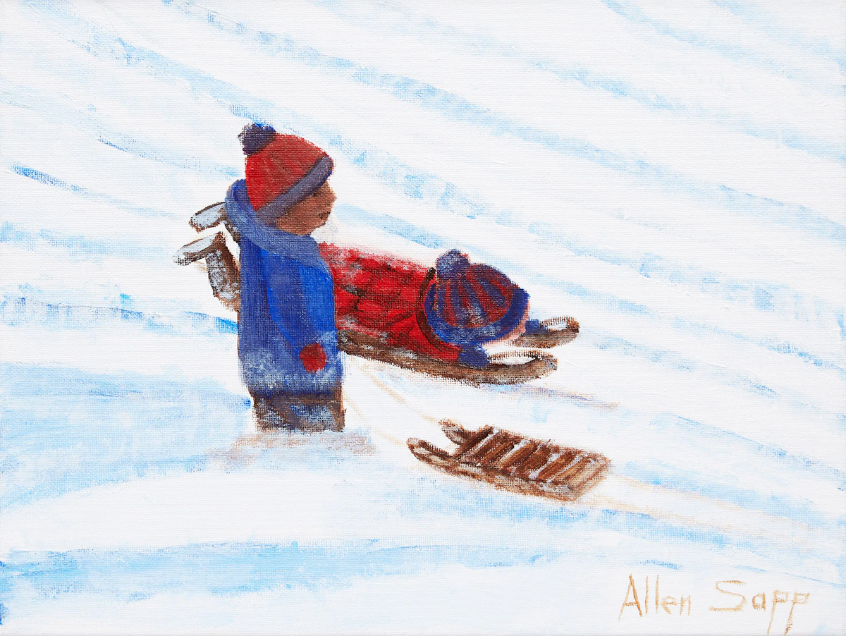 Allen Sapp, Two Boys Sledding, oil on canvas