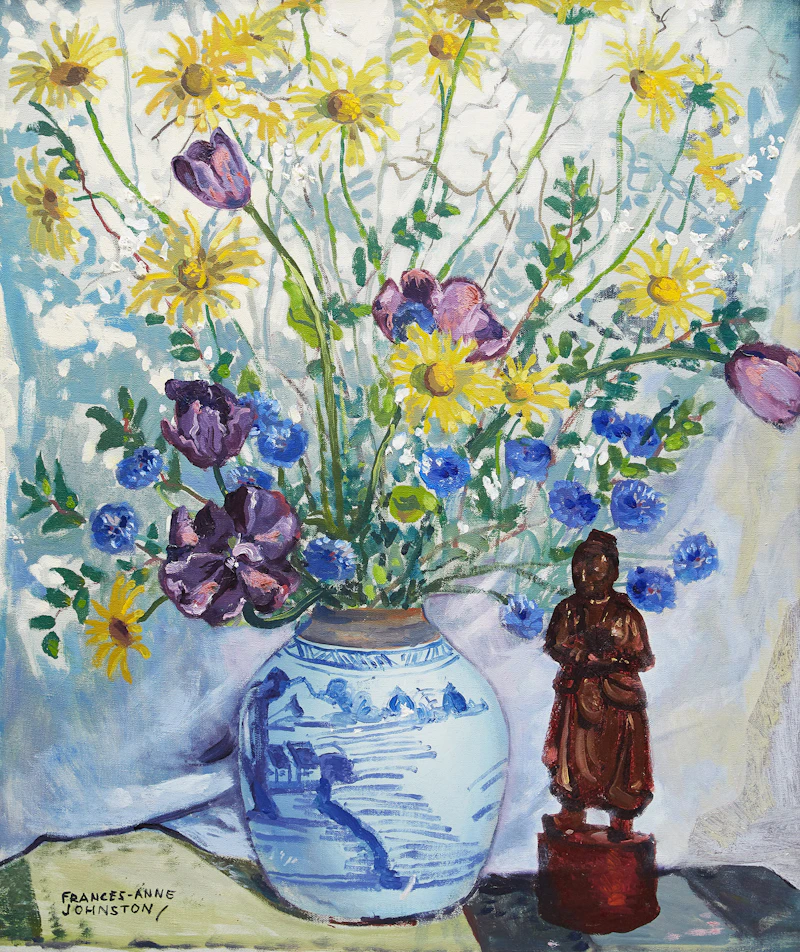 Flowers in Chinese Bowl with Chinese Figure by Frances Anne Johnston