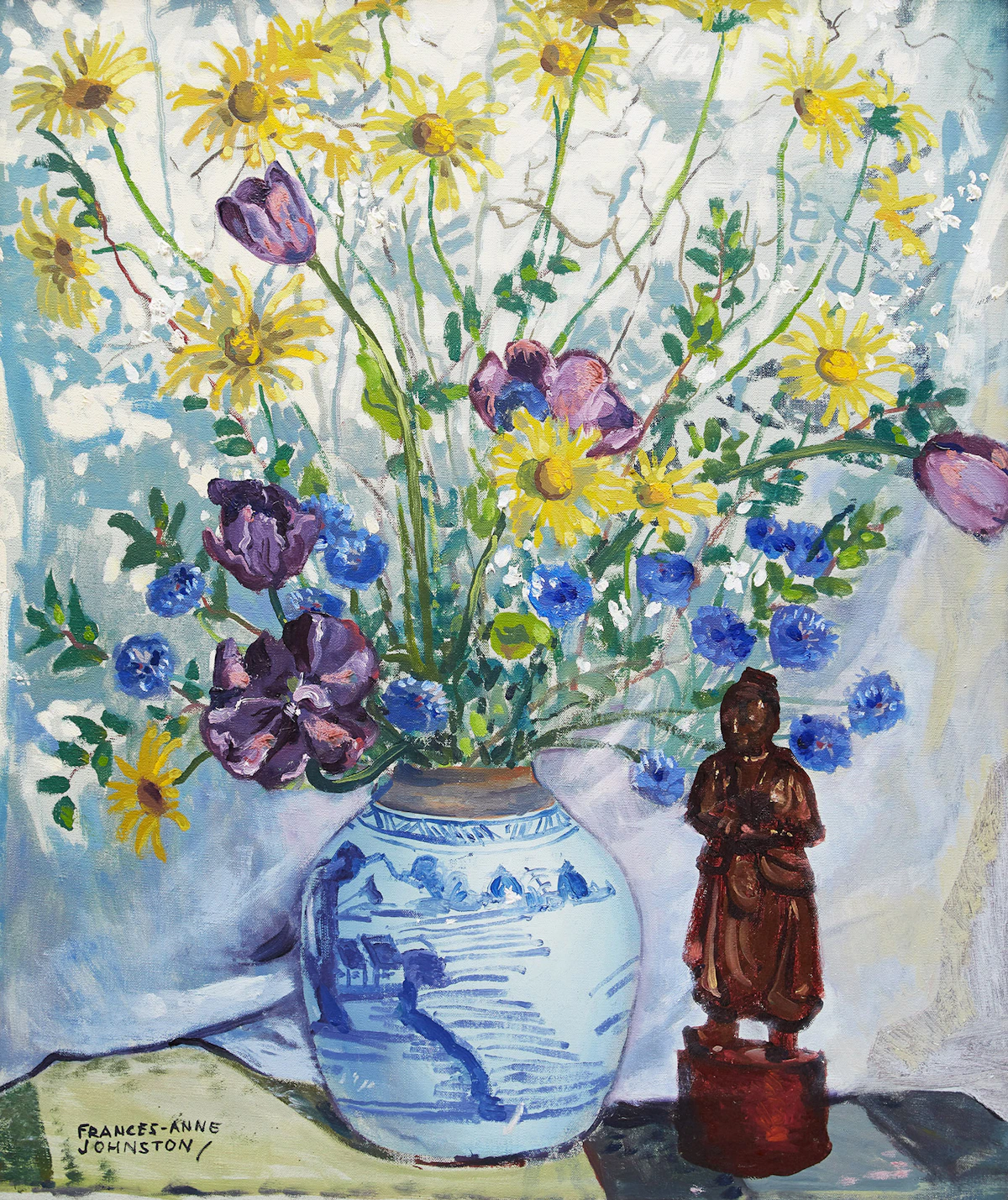 Frances Anne Johnston, Flowers in Chinese Bowl with Chinese Figure, oil on canvas