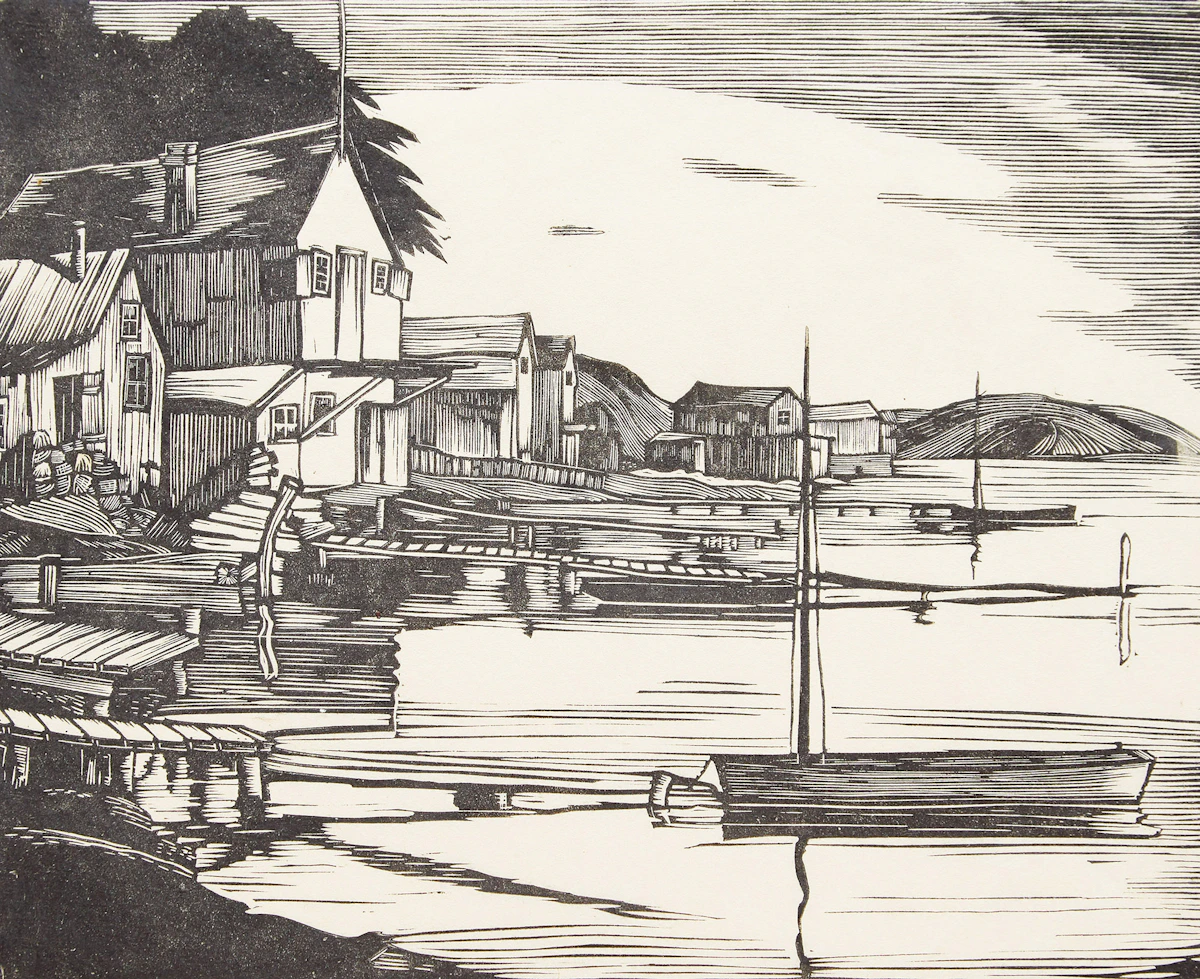 Leonard Hutchinson, Fishing Village, woodcut