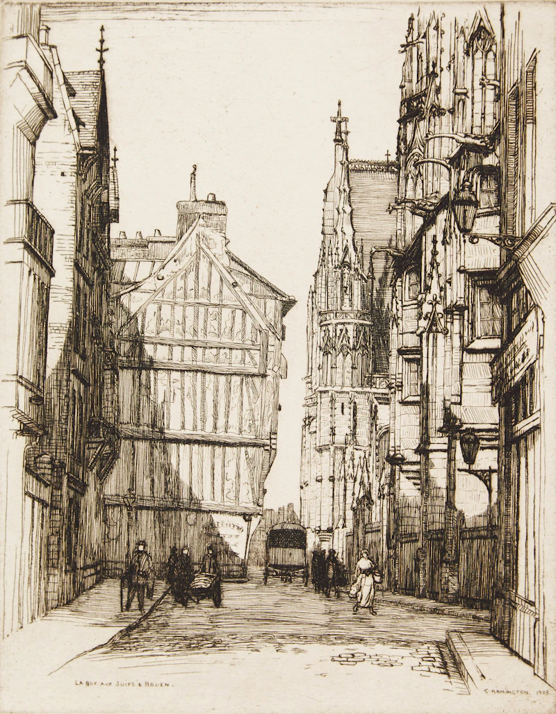 Caroline Helena Armington, La Rue aux Juifs a Rouen; L’Ecole de Driot a’ Paris; La Rue Saint Yves a Chartres; Port et Logis du Roi, Mont Saint-Michel, four etchings