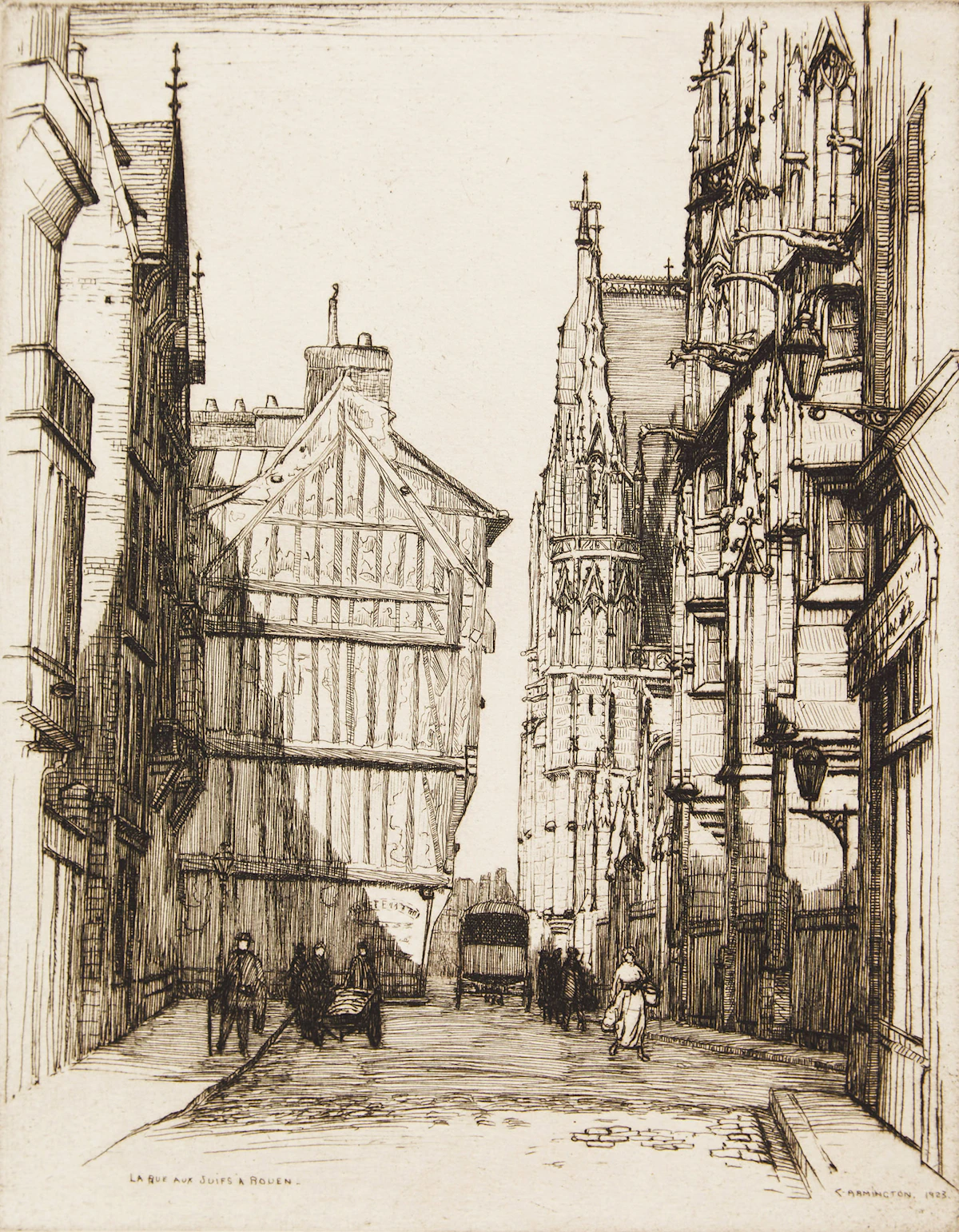 Caroline Helena Armington, La Rue aux Juifs a Rouen; L’Ecole de Driot a’ Paris; La Rue Saint Yves a Chartres; Port et Logis du Roi, Mont Saint-Michel, four etchings