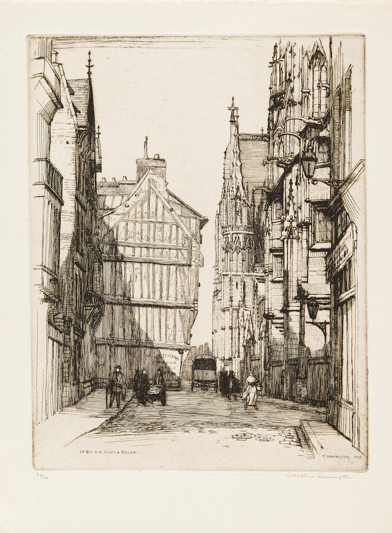 Caroline Helena Armington, La Rue aux Juifs a Rouen; L’Ecole de Driot a’ Paris; La Rue Saint Yves a Chartres; Port et Logis du Roi, Mont Saint-Michel, four etchings - view 2