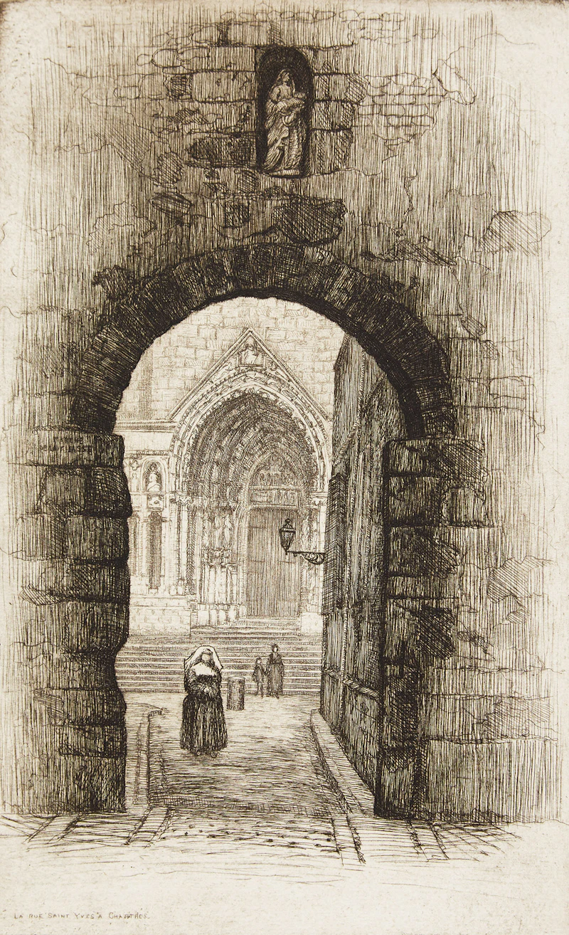 Caroline Helena Armington, La Rue aux Juifs a Rouen; L’Ecole de Driot a’ Paris; La Rue Saint Yves a Chartres; Port et Logis du Roi, Mont Saint-Michel, four etchings - view 7