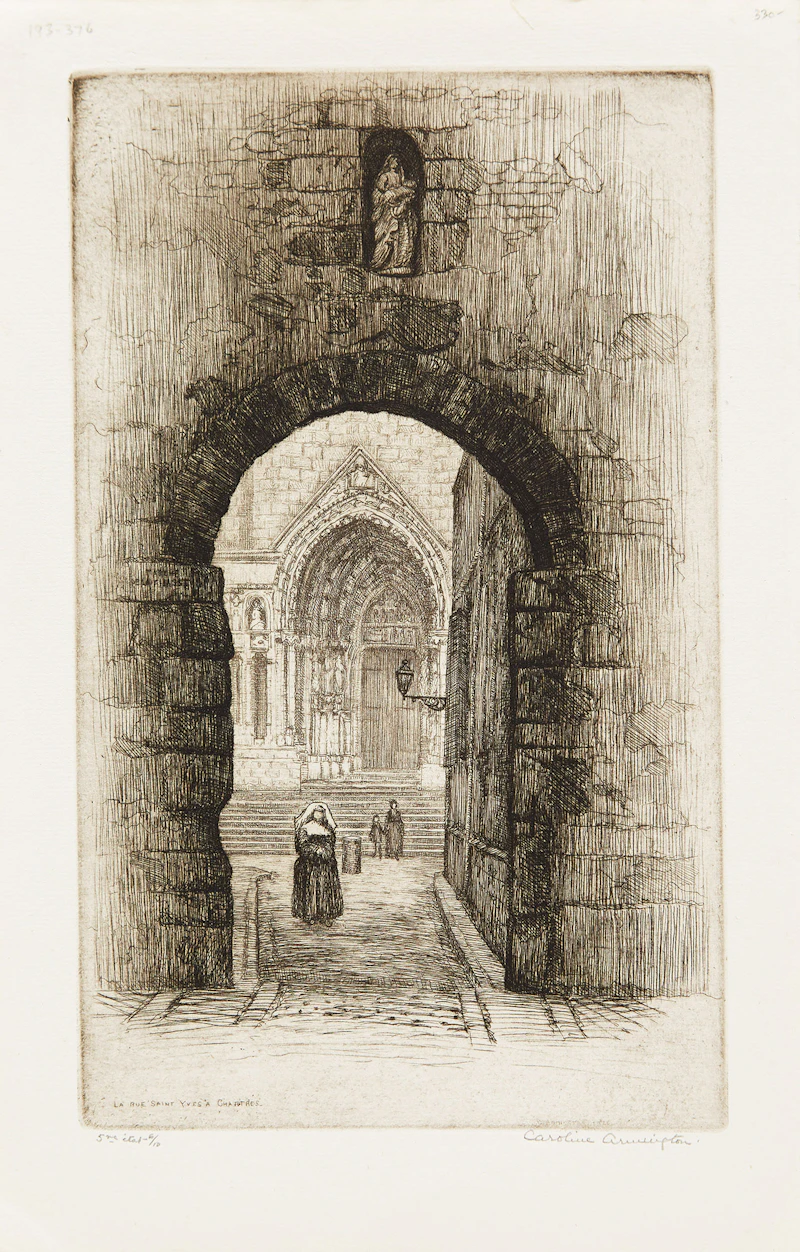 Caroline Helena Armington, La Rue aux Juifs a Rouen; L’Ecole de Driot a’ Paris; La Rue Saint Yves a Chartres; Port et Logis du Roi, Mont Saint-Michel, four etchings - view 8
