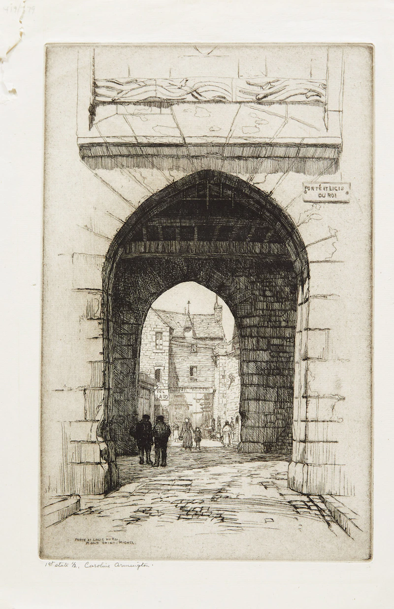 Caroline Helena Armington, La Rue aux Juifs a Rouen; L’Ecole de Driot a’ Paris; La Rue Saint Yves a Chartres; Port et Logis du Roi, Mont Saint-Michel, four etchings - view 11
