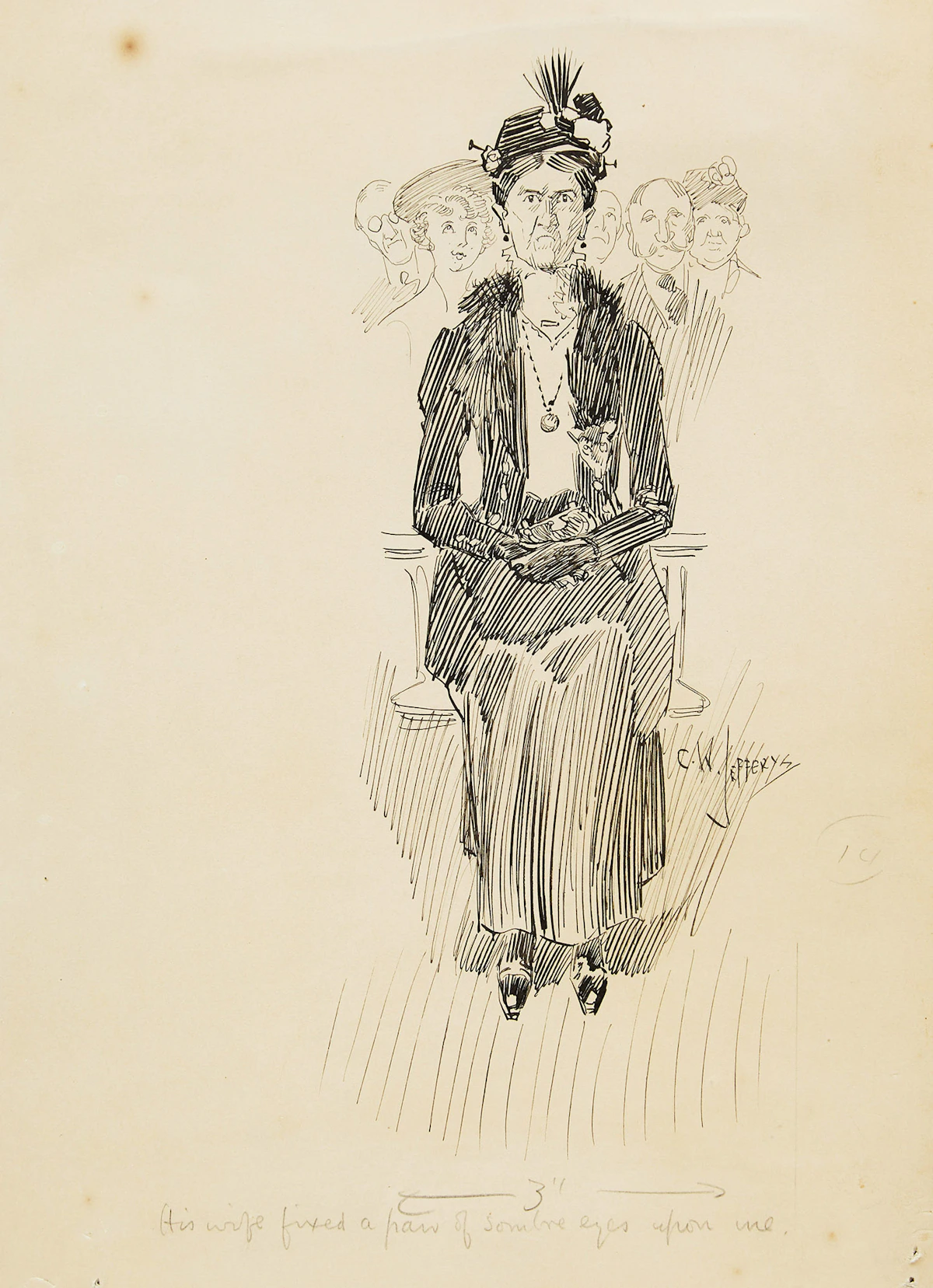 Charles William Jefferys, His wife fixed a pair of sombre eyes upon me, ink on paper