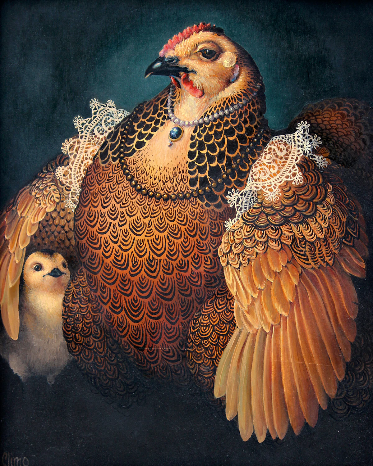 Lindee Climo, Partridge Rock Hen as Eleonora of Toledo (after Bronzino), oil on canvas, 1991