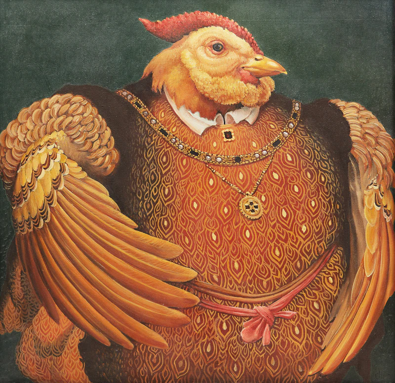Muffed Rooster as Henry the VIII (after Holbien)  by Lindee Climo