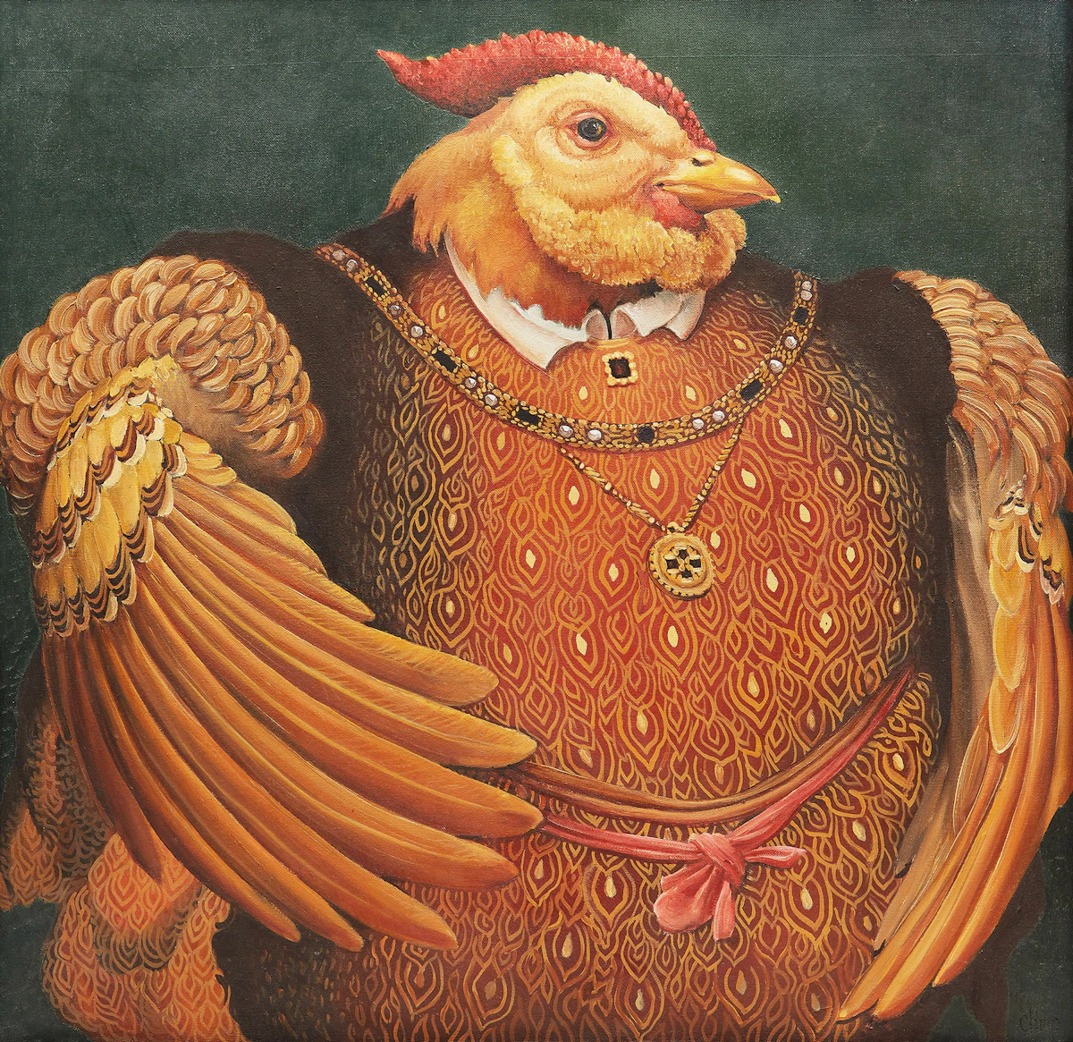Lindee Climo, Muffed Rooster as Henry the VIII (after Holbien) , oil on canvas, 1991