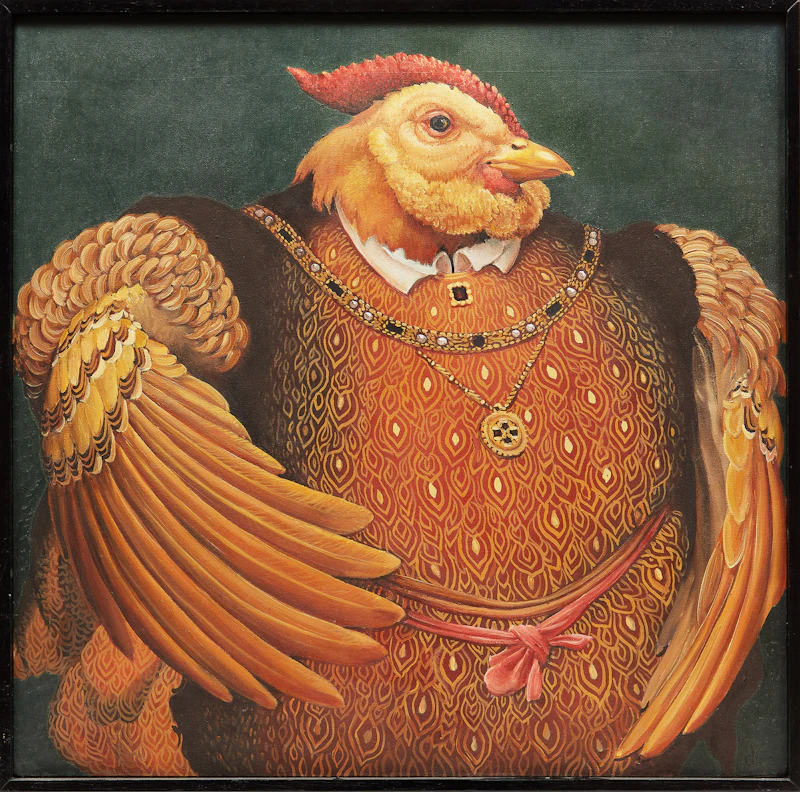 Lindee Climo, Muffed Rooster as Henry the VIII (after Holbien) , oil on canvas, 1991 - view 2