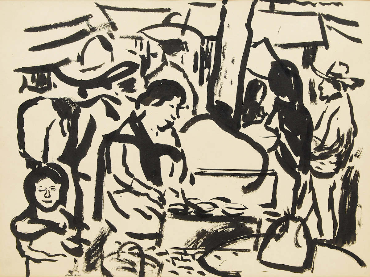 Jack Weldon Humphrey, Mexican Market, circa 1938, brush and ink