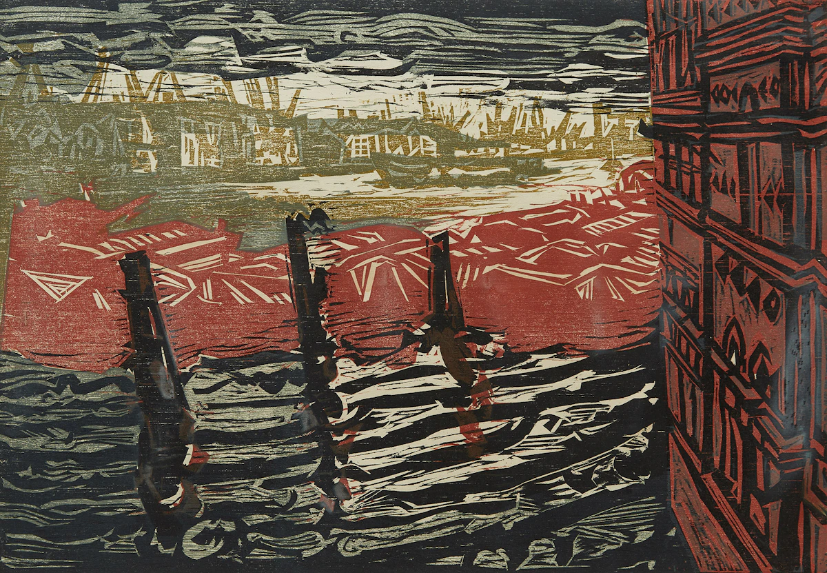 Alistair Macready Bell, The Thames from Tower Bridge, colour etching