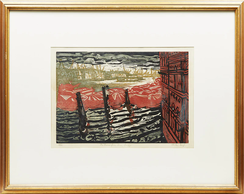 Alistair Macready Bell, The Thames from Tower Bridge, colour etching - view 2