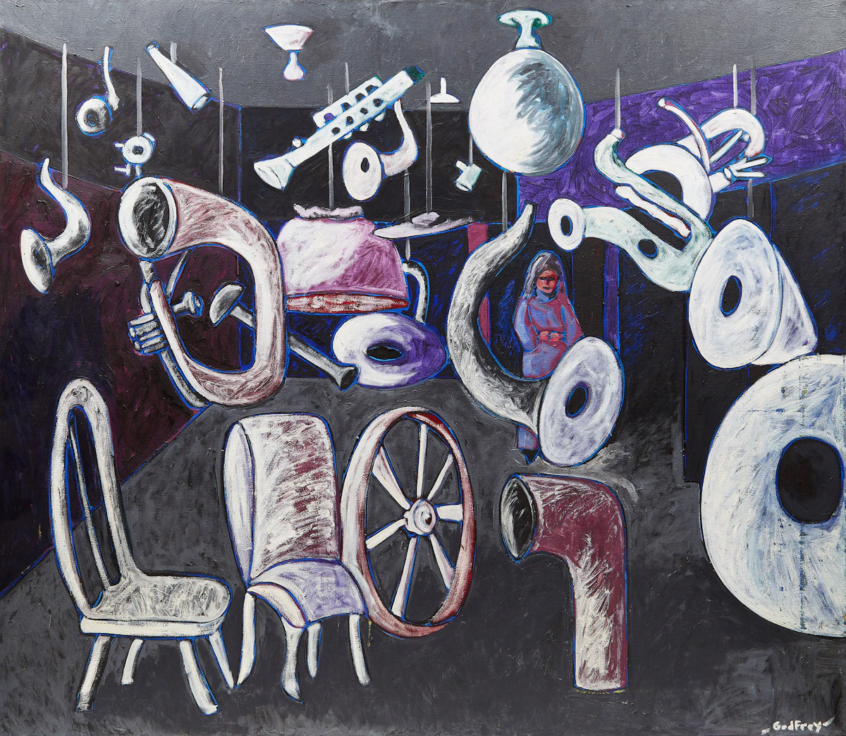 John Godfrey, Cabinet of Curiosties, oil on canvas, 1973