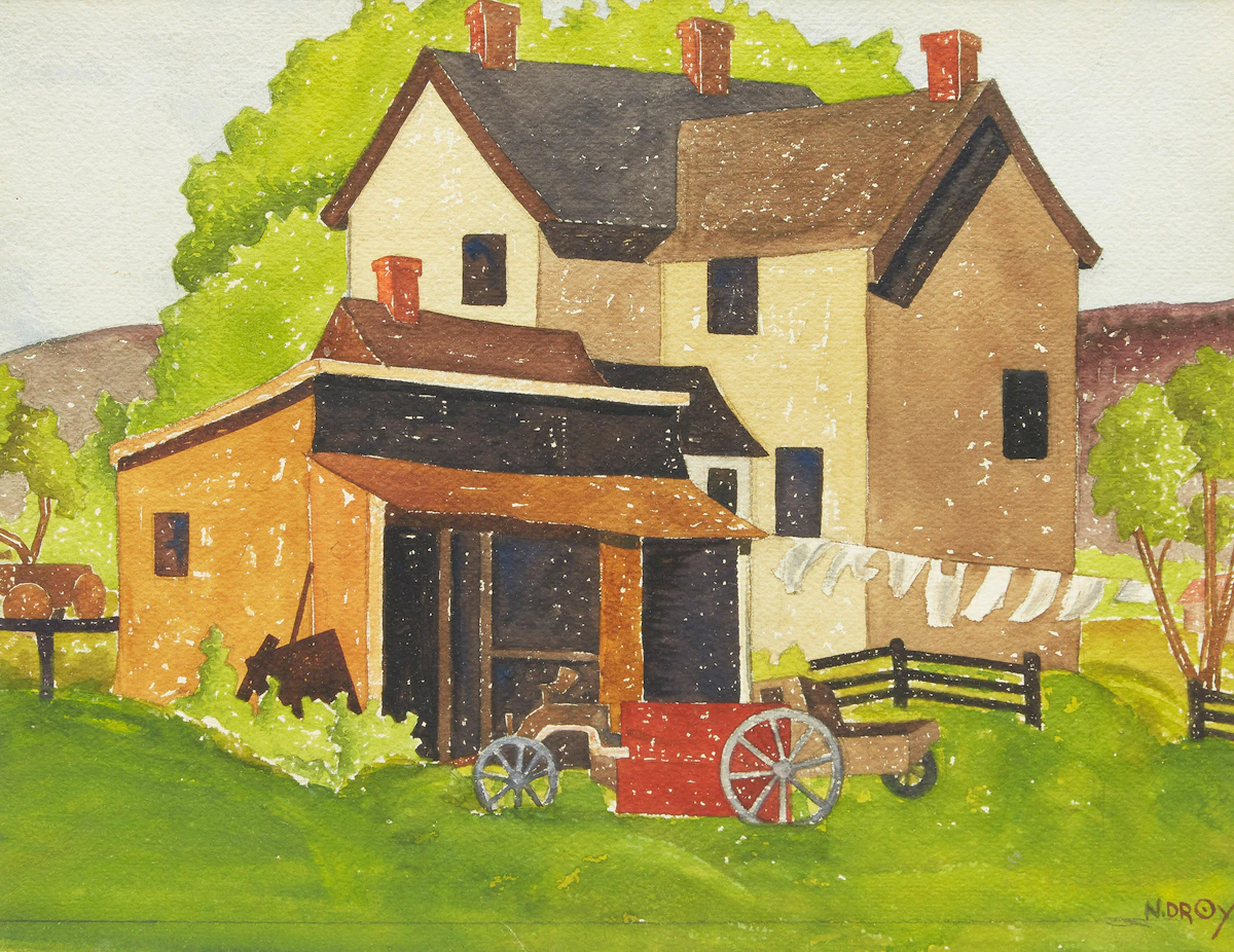 Paul Duval, Farmhouse, Hogg’s Hollow, 1935, watercolour and book