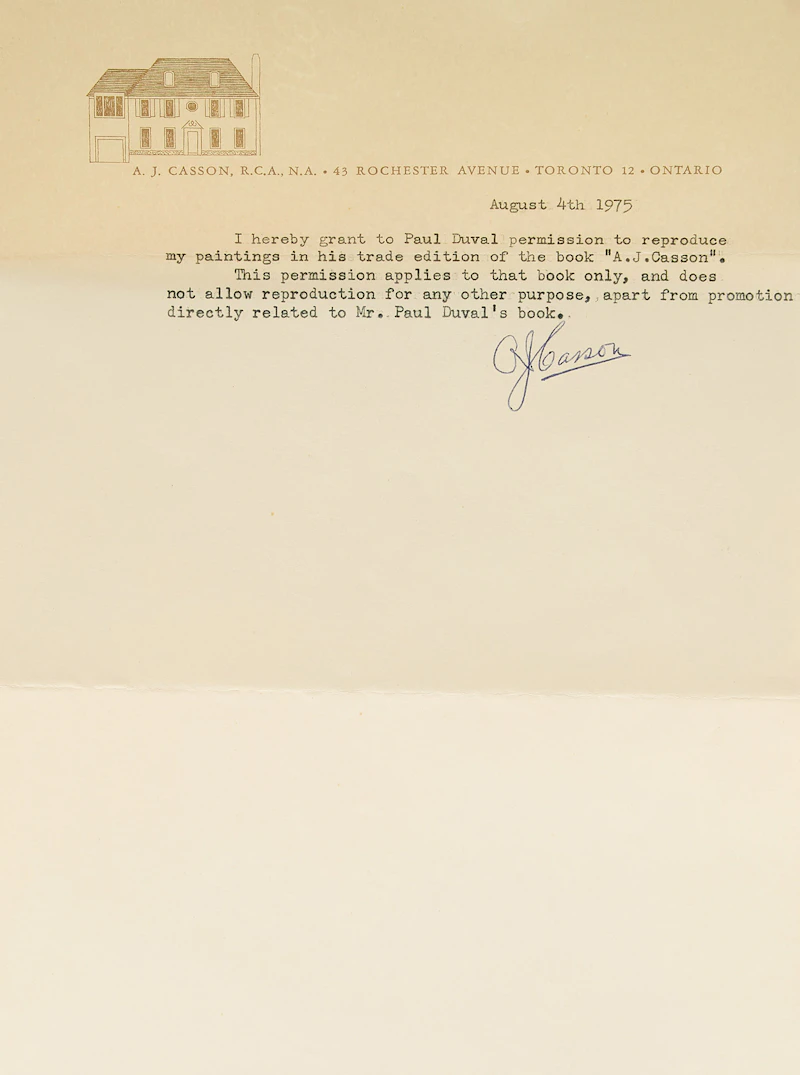 Books and Reference, Paul Duval, “A.J. Casson”; A.J. Casson “Sunlit Isle” lithograph, book with lithograph and letter - view 3