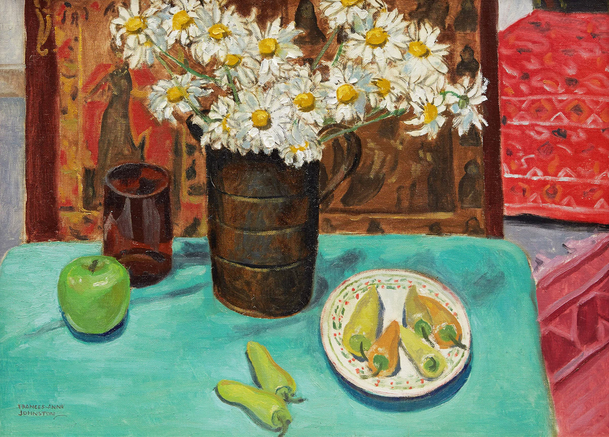 Frances Anne Johnston, Daisies and Fruit, oil on canvas board