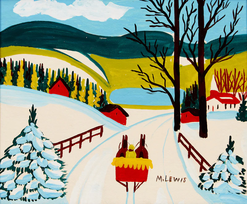 Maud Lewis, Winter Sleigh Scene, mixed media on beaver board