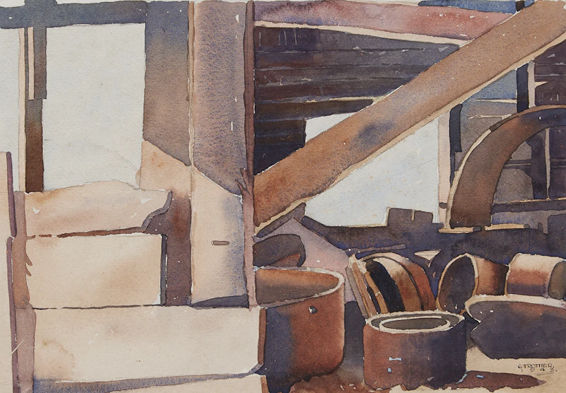 Gerald Trottier, Inside Storage Building, Agriculture Canada, watercolour on paper