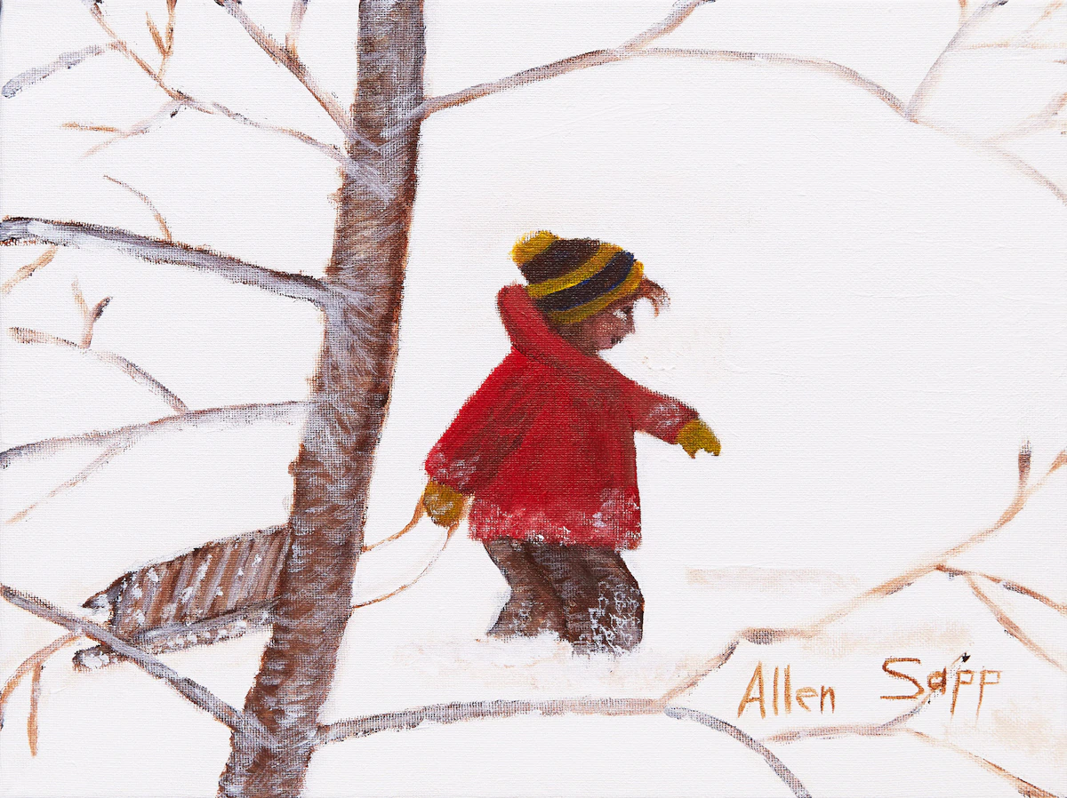 Allen Sapp, Boy with Sled, oil on canvas