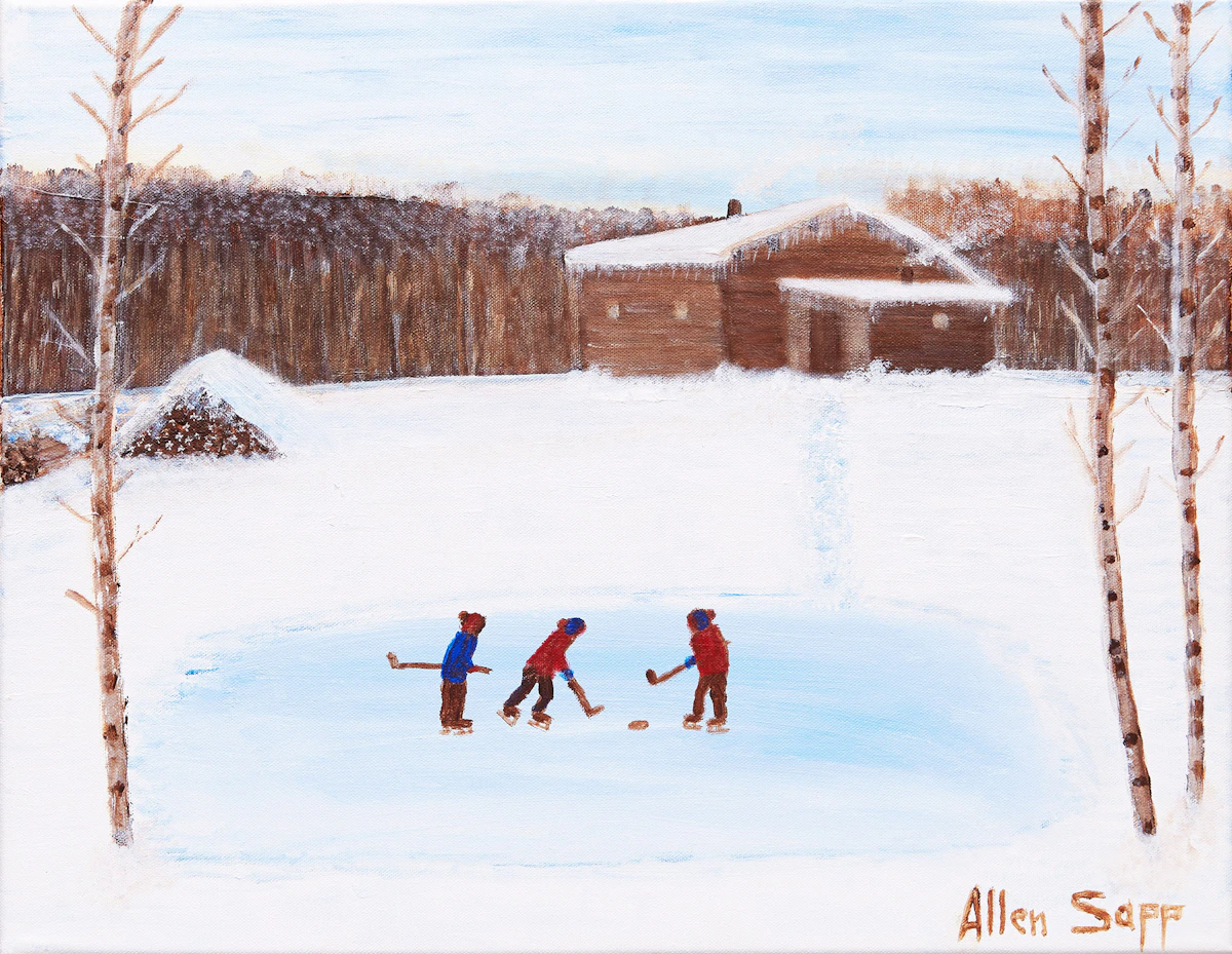 Allen Sapp, The Hockey Game, oil on canvas