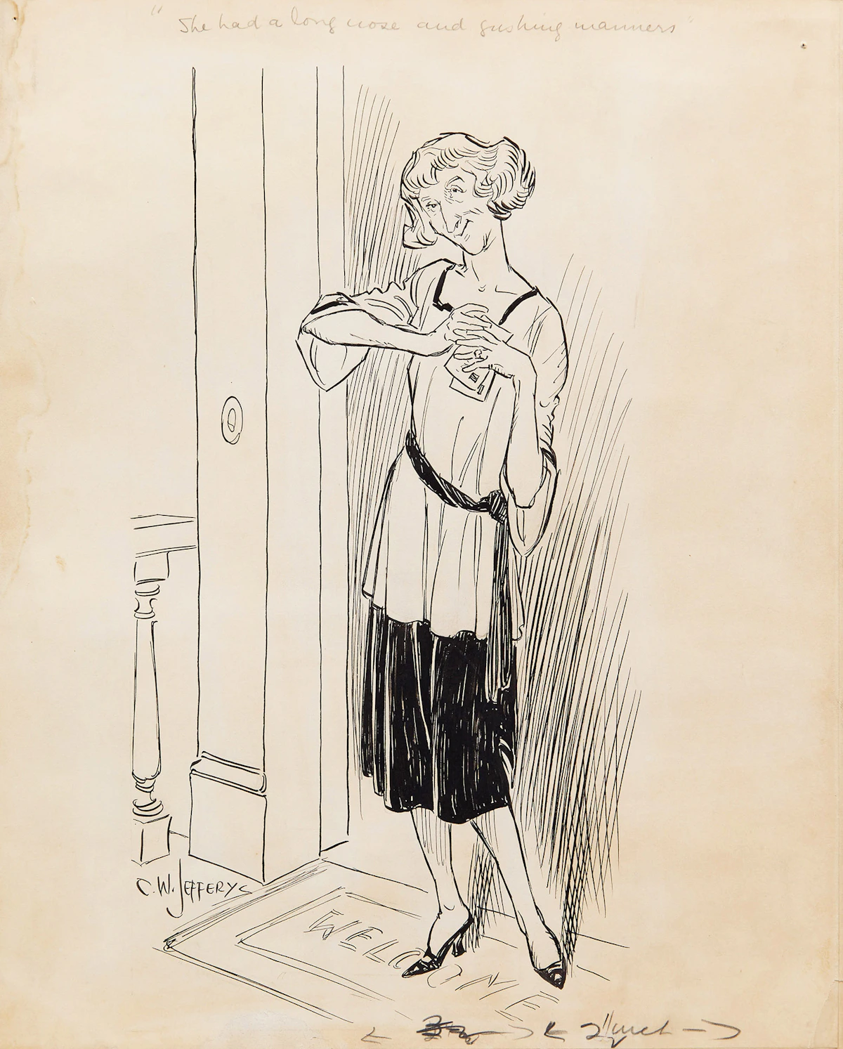 Charles William Jefferys, She had a long nose and gushing manners, ink on paper