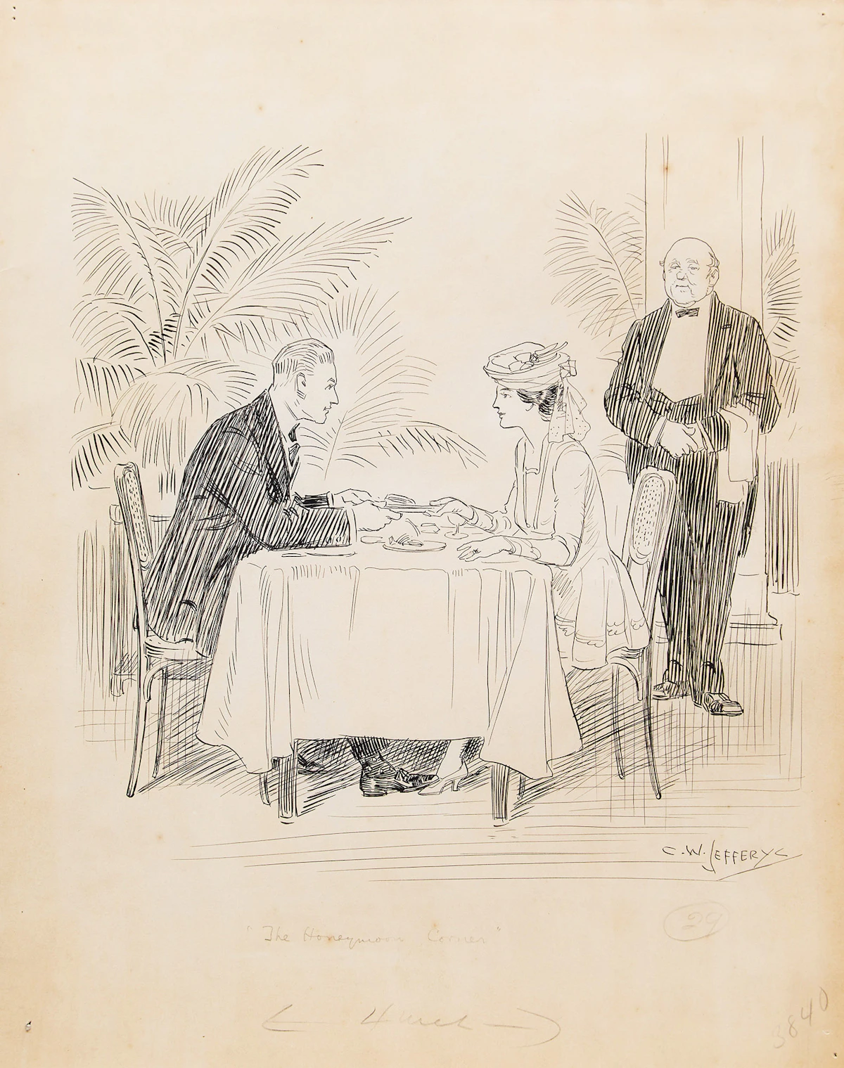 Charles William Jefferys, The Honeymoon Corner , ink on paper