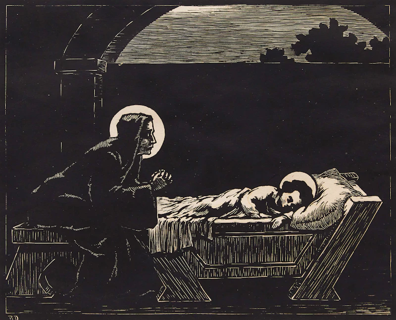 Rodolphe Duguay, La Vierge-Mère; Le Brassin de Savon; Ferme Québecoise; La Croix de Chemin, four woodblock prints