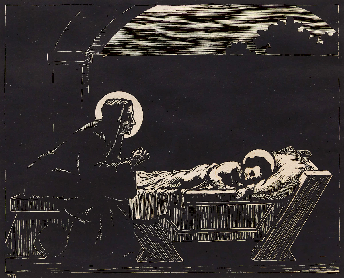 Rodolphe Duguay, La Vierge-Mère; Le Brassin de Savon; Ferme Québecoise; La Croix de Chemin, four woodblock prints