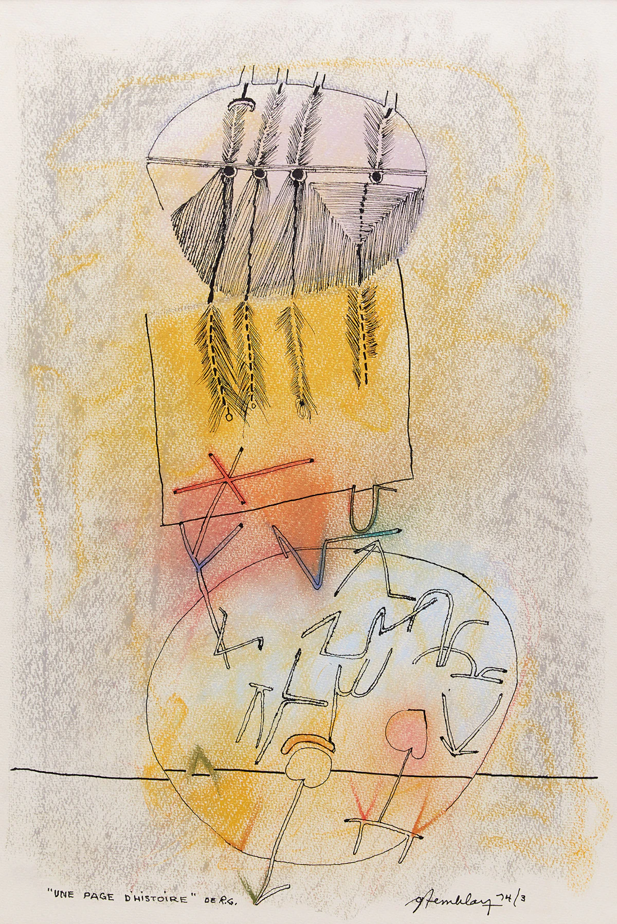 Gérard Tremblay, “Une Page d’histoire” de R.G, pastel and ink on paper, March 1974