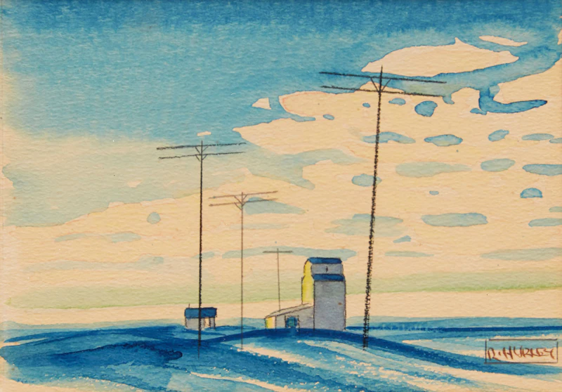 Robert N. Hurley, Grain Elevator; Landscape with Telephone Poles, pair of works on paper