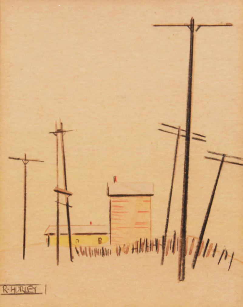 Robert N. Hurley, Grain Elevator; Landscape with Telephone Poles, pair of works on paper - view 4