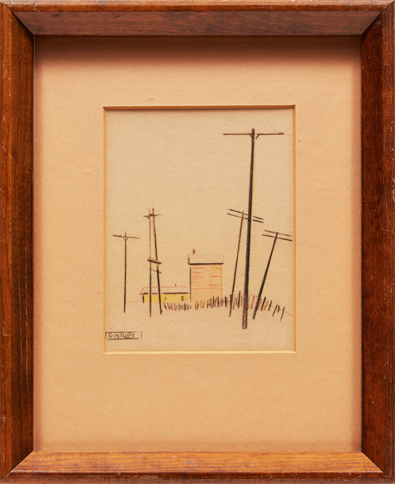 Robert N. Hurley, Grain Elevator; Landscape with Telephone Poles, pair of works on paper - view 5