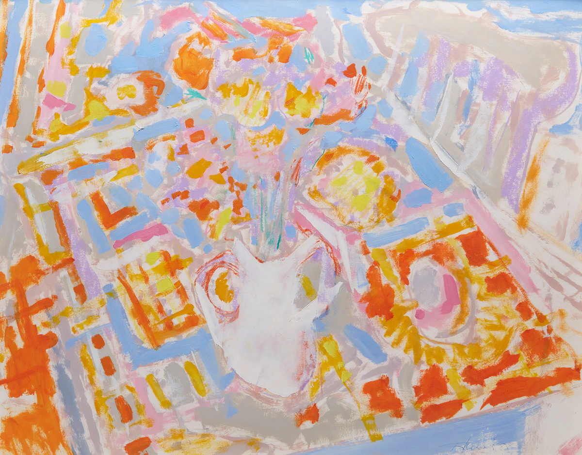 Peter Alfred Harris, The White Vase with Colourful Bouquet , mixed media on paper, 1988