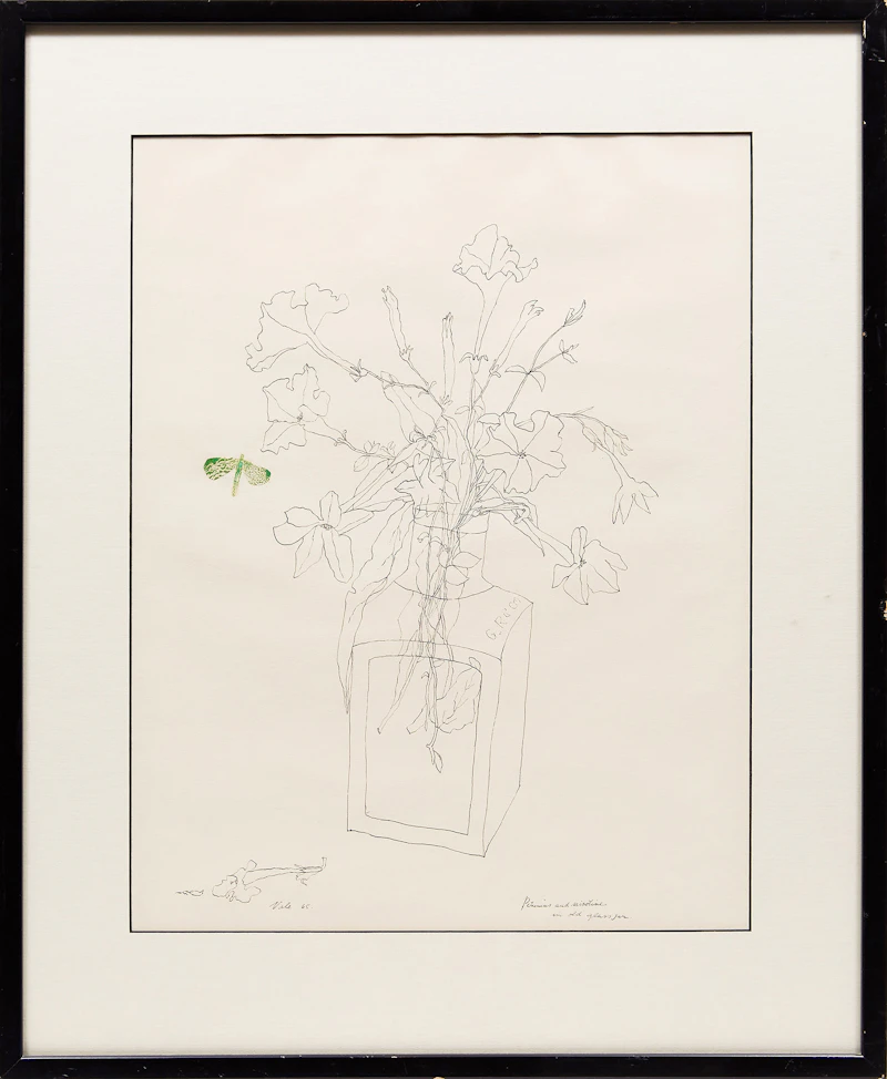 Florence Vale, Petunias and Nicotine in Old Glass Jar , pen and collage, 1965 - view 2