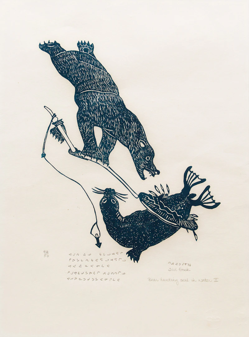 Tivi Etook, Bear Hunting Seal in Water II, stonecut