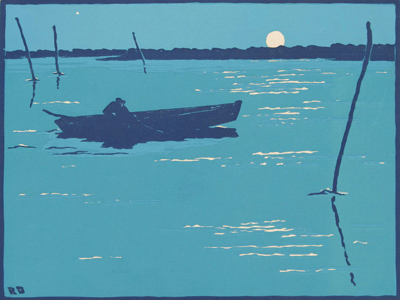Rodolphe Duguay, Pêcher au clair de lune (fond bleu), woodcut print