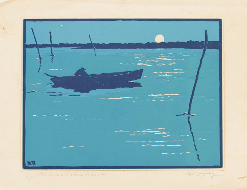 Rodolphe Duguay, Pêcher au clair de lune (fond bleu), woodcut print, 1935 - view 2