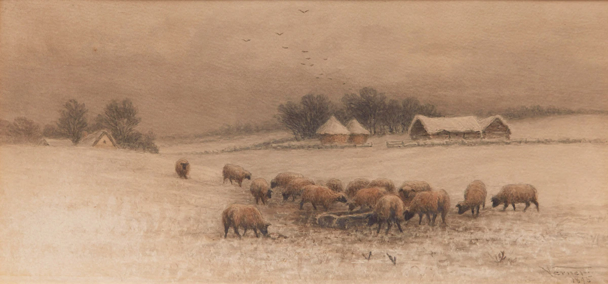 Frederick Arthur Verner, Sheep Grazing in a Winter Field, watercolour, 1895